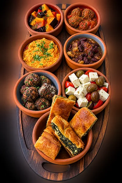 The Traditional Albanian Tapas board - fergese, beans, meatballs, feta and olives, and byrek, served on a wooden board for sharing